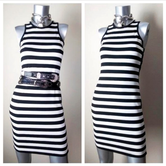 "Rachel Roy" Black/White Pop of Red Fitted Cocktail Party Midi Sleeveless Dress - Picture 3 of 9